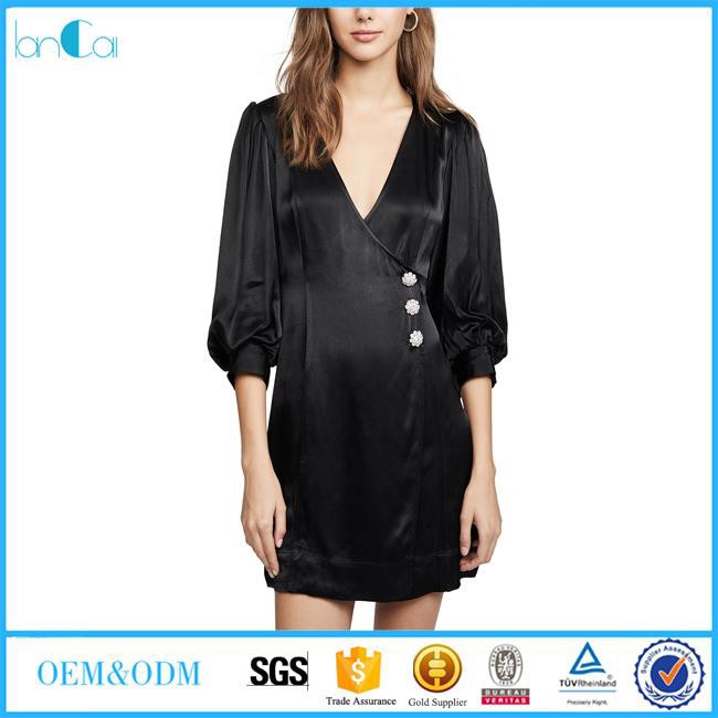Black Bell Sleeves Satin Short Dress